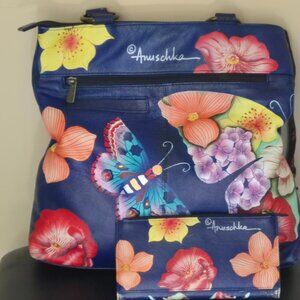 Anuschka Hand-Painted Leather Bag & Wallet Set – Floral Butterfly Design